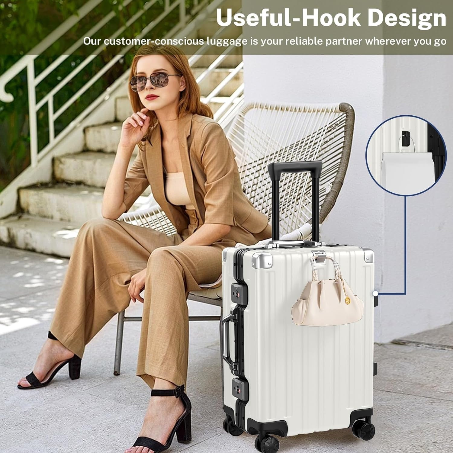 Checked Luggage Aluminum Frame Suitcase with Wheels PC ABS Hardside Zipperless with TSA Lock 28 Inch White