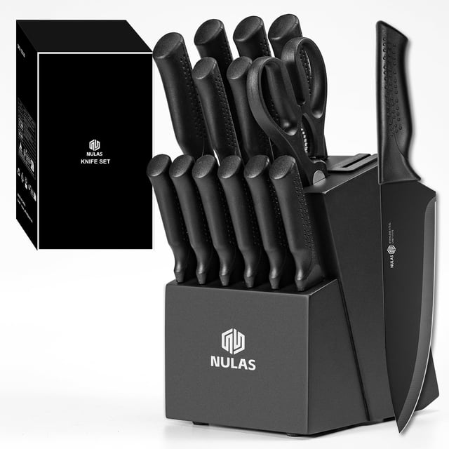 NULAS Knife Set, 14Piece Knife Sets for Kitchen with Block, Dishwasher Safe, Built in Sharpener Block, Black