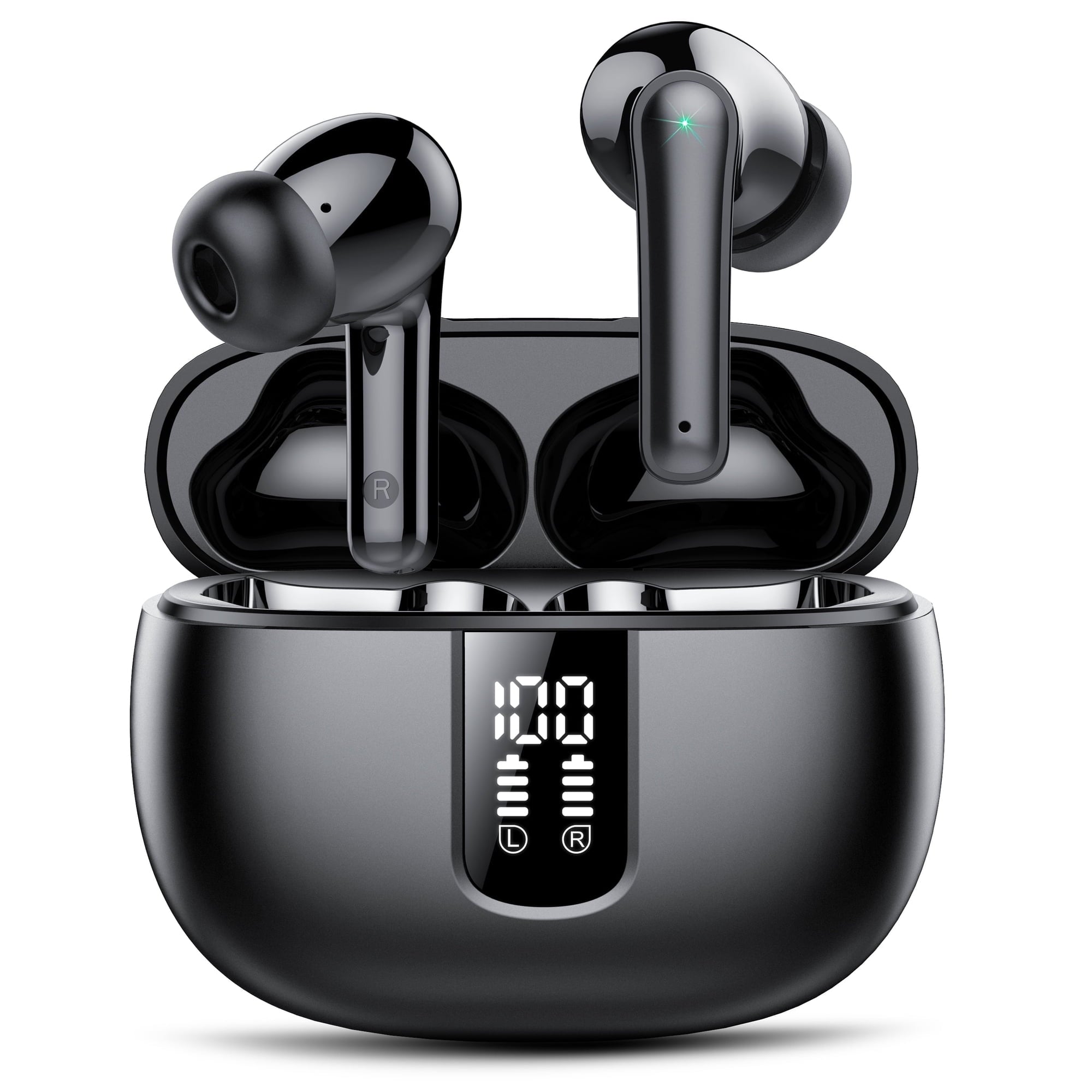 Bluetooth Headphones True Wireless Earbuds 40H Long Playback, Stereo Deep Bass, LED Display, IPX7, Lightweight in Ear Earphone, Noise Cancelling Headphones with Mic for iPhone Android, Black