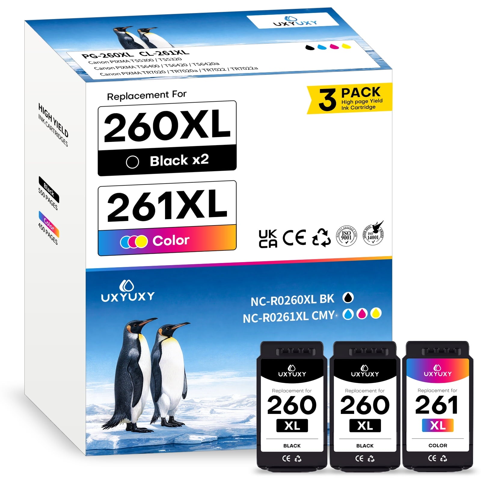 260XL 261XL Ink Cartridge for Canon 260/261 Ink Canon Ink 260 261 for Canon TS5320 TS6420 TR7020 Printer (2Black, 1Tri-Color, 3-Pack)