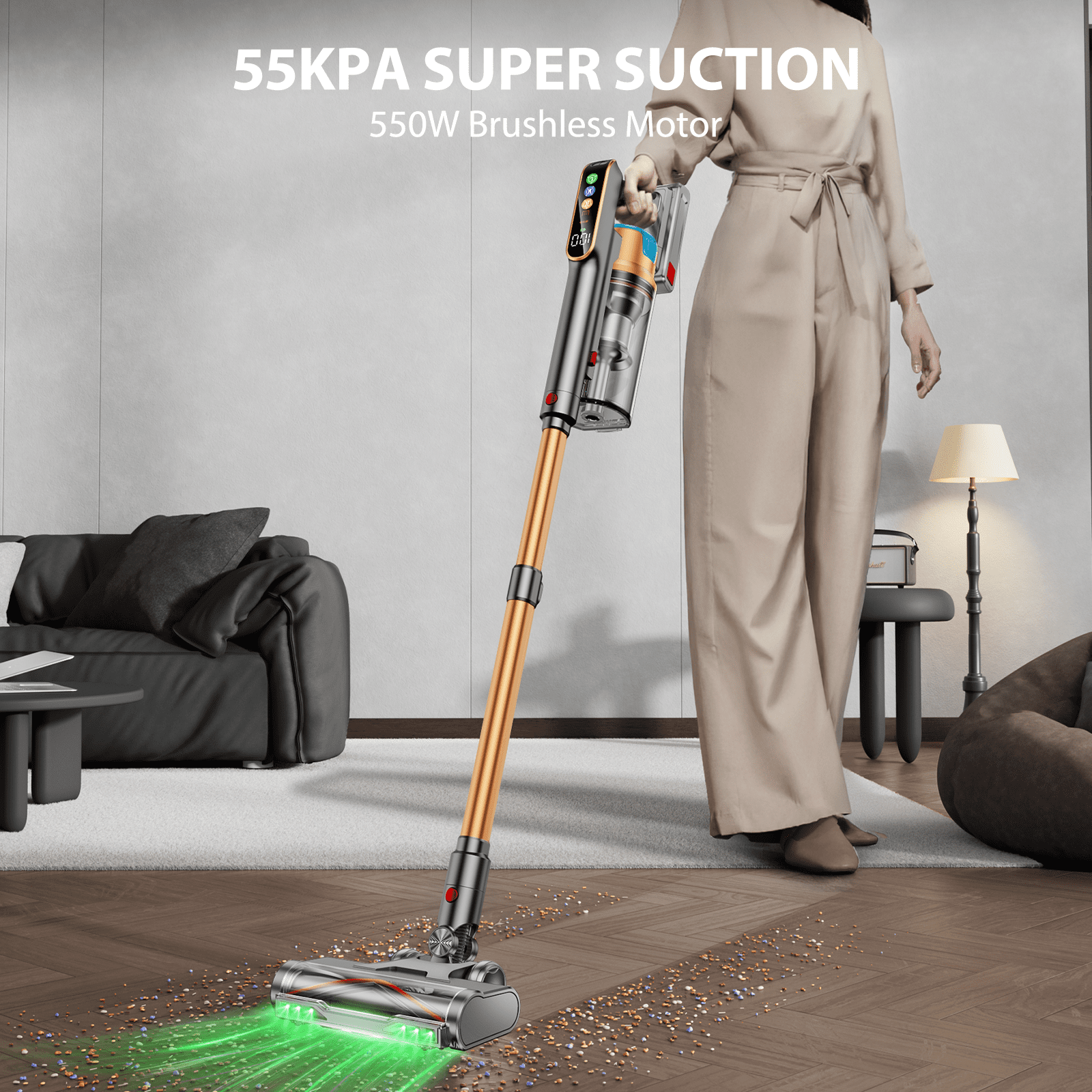 VAKERR Cordless Vacuum Cleaner 550W 55KPA 60Mins 2500mAh Lightweight Stick Vacuum Cleaner for Home Hardwood Floor Carpet Pet Hair