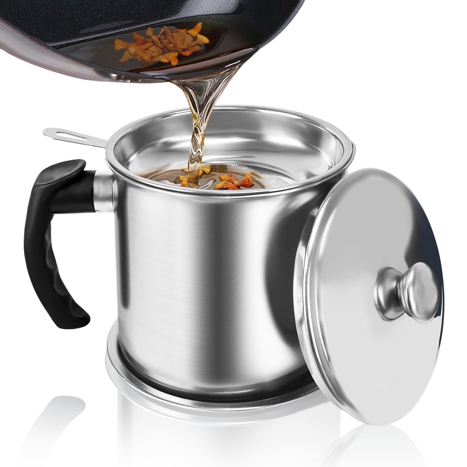 LJSXFI Bacon Grease Container With Strainer, 1.8L(60oz) Kitchen Stainless Steel Oil Container Can with Lid and Anti-slip coaster tray for Storing Frying Oil And Cooking Grease