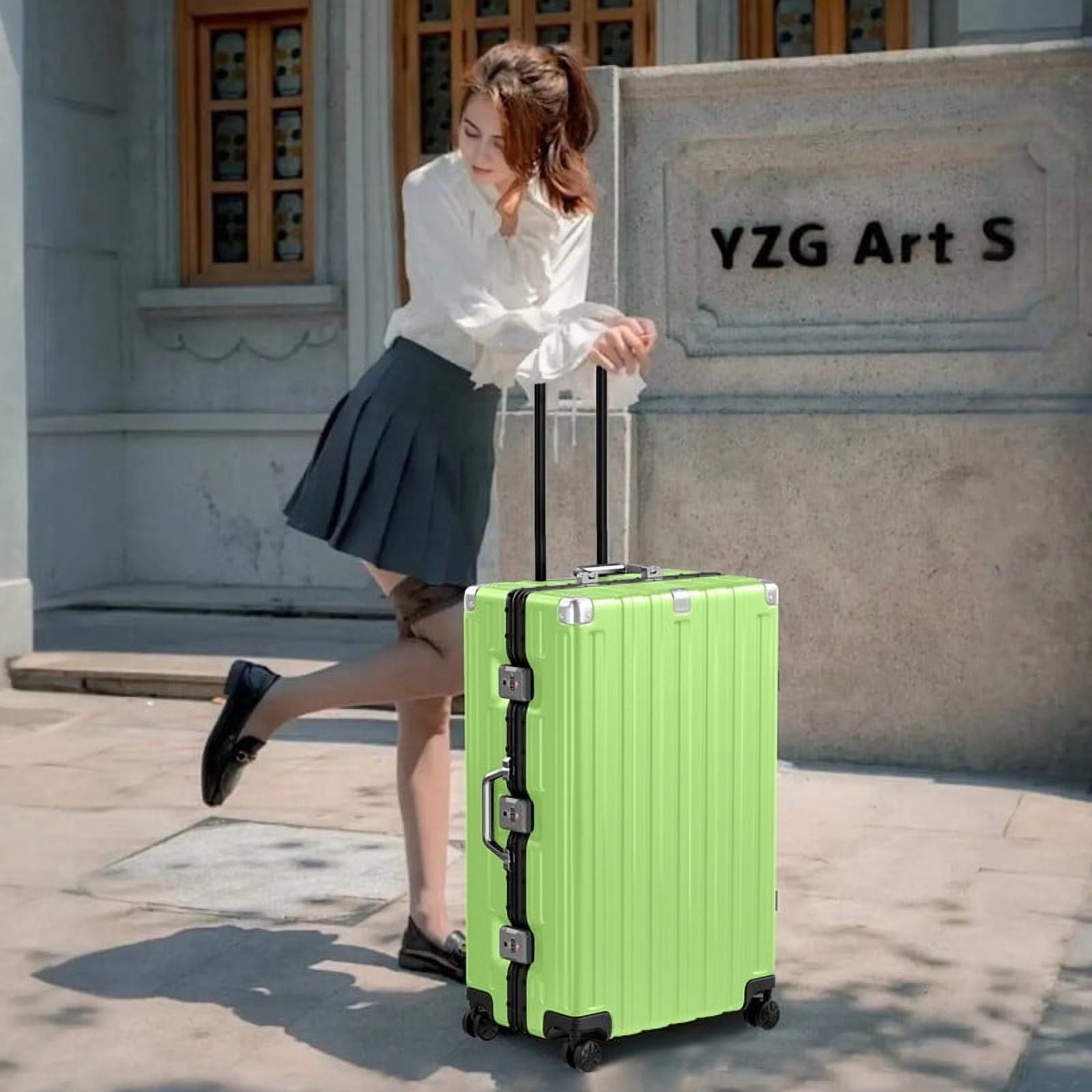 Checked Luggage Aluminum Frame Suitcase with Wheels PC ABS Hardside Zipperless with TSA Lock 28 Inch Green