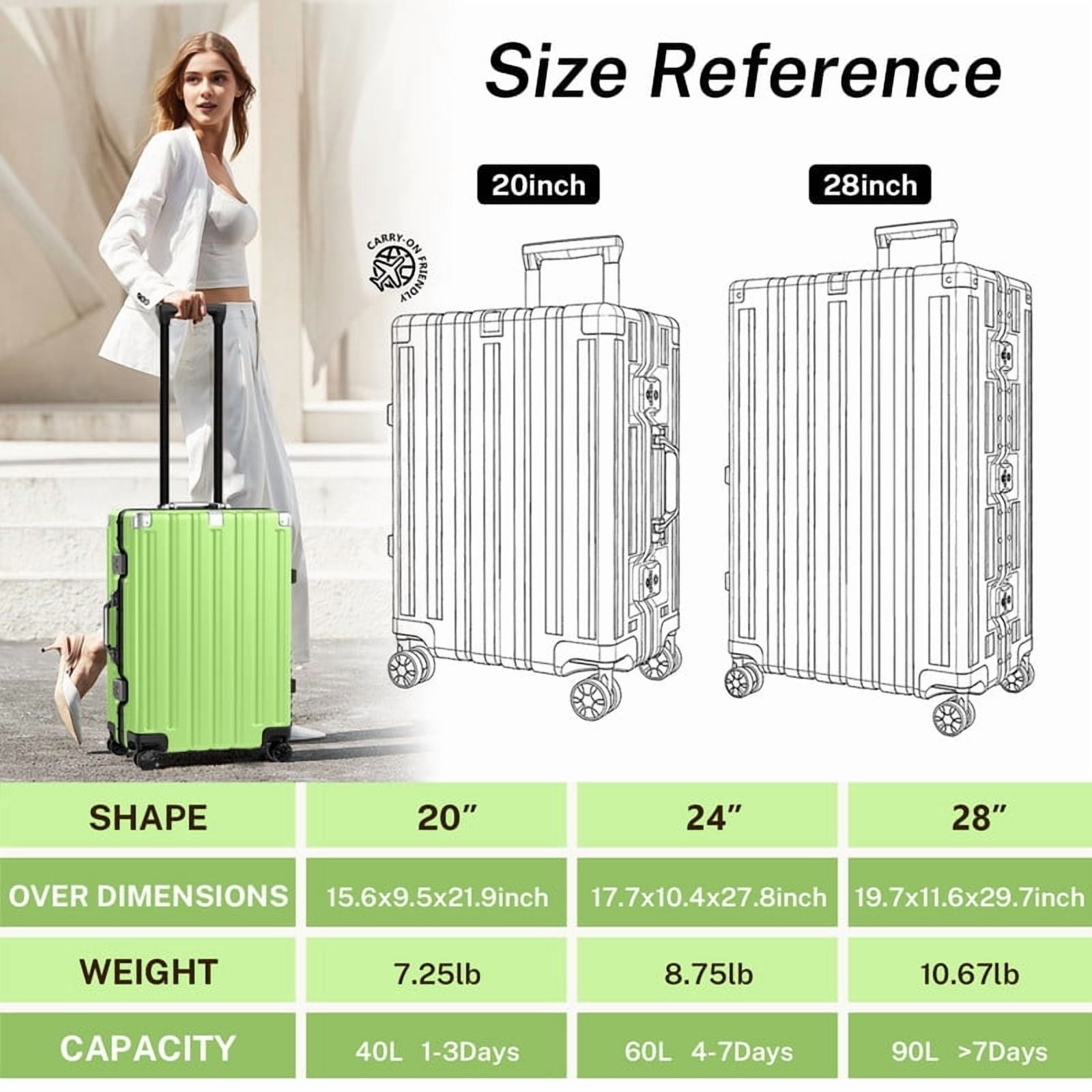 Checked Luggage Aluminum Frame Suitcase with Wheels PC ABS Hardside Zipperless with TSA Lock 28 Inch Green