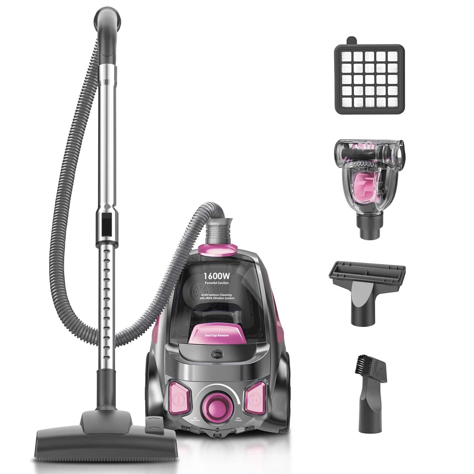 Canister Vacuum Cleaner, 32Kpa 1600W Bagless Vacuum Cleaner, Dust Full Indicator, H13 HEPA Filter, 3.7Qt Large Capacity, Lightweight Vac for Hard Floors, Carpet, Pet, Upholstery, Pink